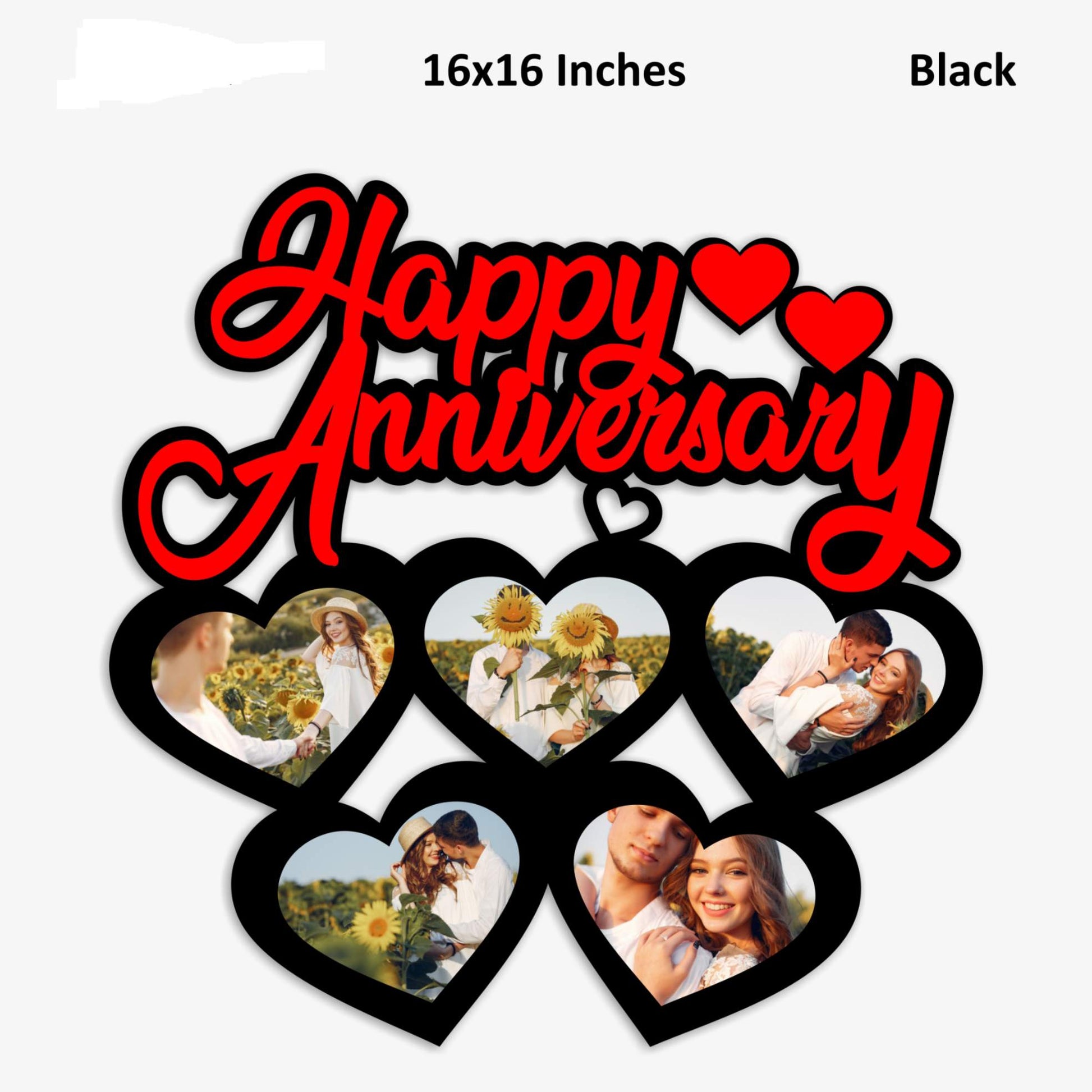 Happy Anniversary Heart-Shaped MDF Photo Frame – 16x16 Inches | Personalized Black Couple Gift