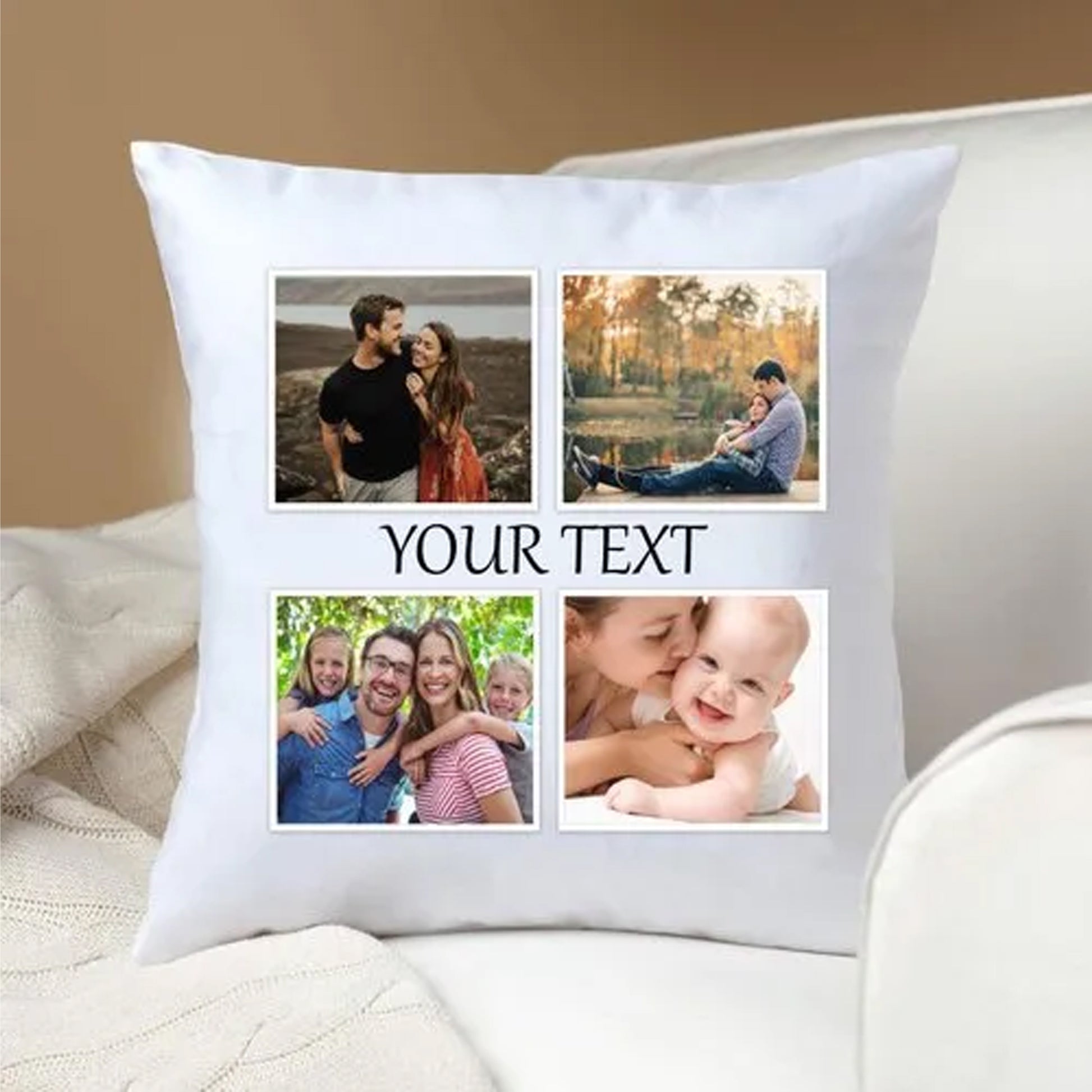 Personalized White Cushion with 4 Photo Collage & Custom Text | Gift for Family & Friends